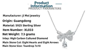 Detail of S925 silver bow necklace with high carbon diamonds and 7x10mm drop pendant