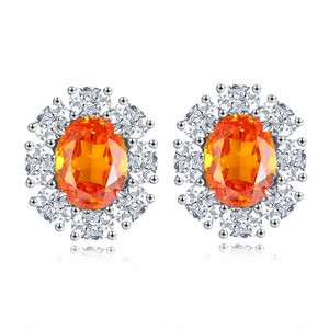 S925 sterling silver stud earrings featuring oval orange zircon and halo crystal accents