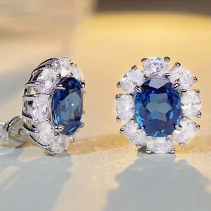 925 Sterling Silver Zirconia Flower Stud Earrings Oval Blue Pink Green Yellow Red Gemstone Halo Earrings Jewelry For Women Gift