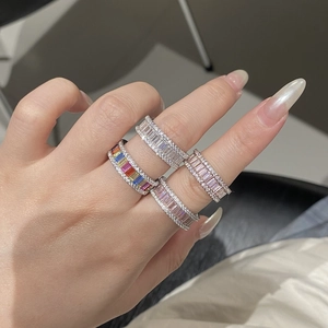Close-up of S925 sterling silver rings with colorful rectangular cut cubic zirconia stones