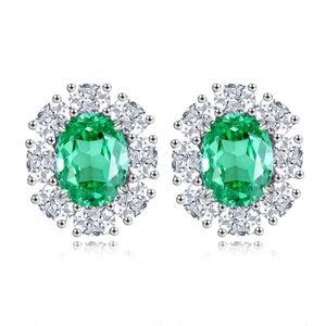 S925 sterling silver stud earrings with oval Paraiba green stone and zircon halo