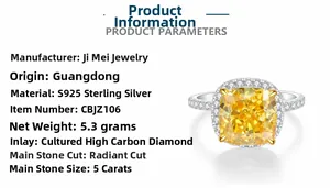 Détail de la bague en argent S925 avec diamant jaune 5ct à coupe radiant
