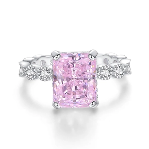 Bague élégante en argent S925 avec grand diamant rose et anneau serti de zircons