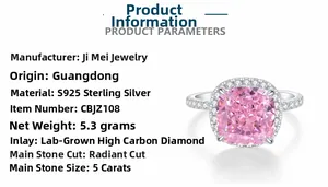 Detailed spec sheet of 5ct pink radiant cut S925 sterling silver luxury halo ring