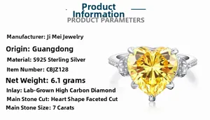 Detail showing S925 silver ring with 7ct heart-cut yellow carbon diamond and parameters