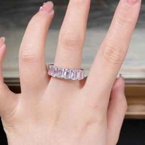 Close-up of S925 sterling silver ring featuring baguette-cut sparkling zircons on a hand
