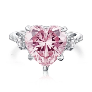 Bague élégante en argent sterling S925 avec pierre rose en cœur et pierres latérales