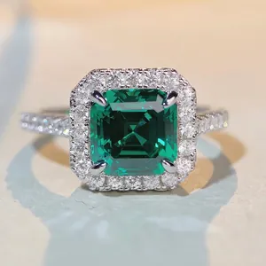 Luxurious Square Emerald Cut Zirconia Halo Ring 925 Sterling Silver Inlaid Wedding Banquet Fashion Jewelry For Women