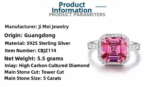Vue détaillée de la bague en argent S925 avec diamant rose 5 carats de taille pagode