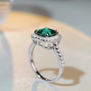S925 Sterling Silver Emerald Cut Ring with sparkling halo and pave band for women