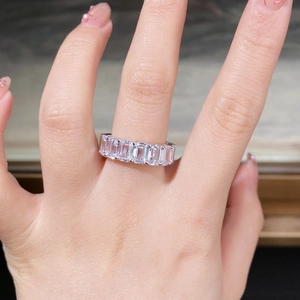 Elegant S925 silver eternity ring with emerald cut sparkling cubic zirconia stones
