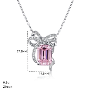 Détail du pendentif nœud en argent S925 avec zircon rose et dimensions du produit