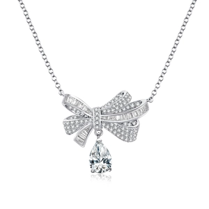 Elegant S925 sterling silver bow necklace with full diamond accents and pear-cut pendant