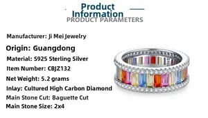 Macro detail of S925 sterling silver rainbow ring with colorful baguette-cut cubic zirconia