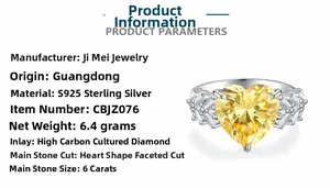 Macro shot of 6-carat yellow heart-shaped carbon diamond with kaleido cut on S925 silver