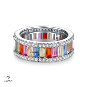 Detail of S925 silver rainbow ring showing 6.8mm width and multicolored zircon inlay