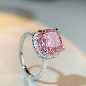 Elegant 925 sterling silver cushion cut pink diamond ring with halo pavé setting