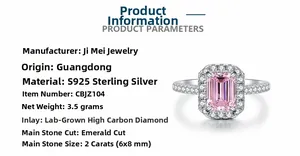 Detailed specs of S925 silver ring featuring a 2ct 6x8mm emerald-cut pink carbon diamond