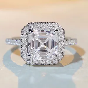 Bague Halo en Argent Sterling 925 de Luxe Avec Zirconia Taille Asscher Carrée pour Femmes Bijoux de Mariage Incrustés