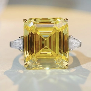 Luxury S925 sterling silver ring with a large yellow square-cut zircon and side baguette stones