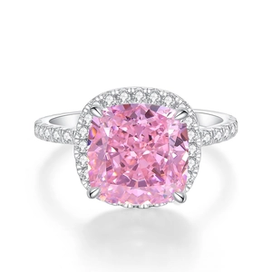 Luxury 5ct cushion cut pink diamond ring in S925 sterling silver with halo pave setting