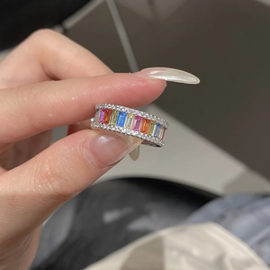 Detailed view of S925 silver rainbow ring featuring colorful zircon and pavé setting