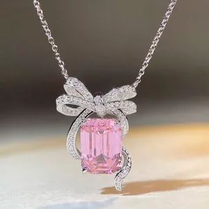 Collier Pendentif Nœud en Argent Sterling 925 Pour Femme Pierre Taille Émeraude Strass Ras Du Cou Élégant Bijoux de Mode