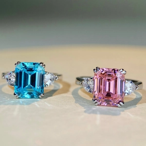 925 Sterling Silver Zirconia Ring For Women Luxury Emerald Cut Pink Blue White Geometric Fashion Jewelry Gemstone Ring Gift