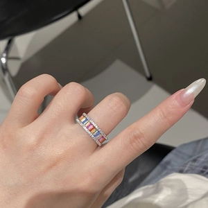 Detailed view of S925 silver rainbow ring featuring colorful zircon stones on hand