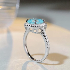 S925 silver emerald cut aquamarine zircon ring with halo setting and pavé diamonds