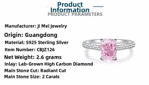 Detail view of S925 sterling silver ring featuring 2ct pink radiant cut center stone