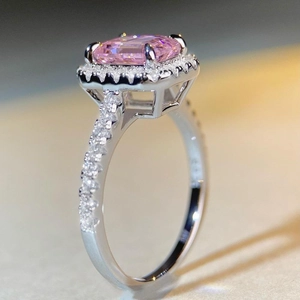 Elegant S925 sterling silver ring with emerald cut pink stone and halo diamonds