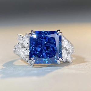 Luxurious S925 silver ring with square blue gemstone and marquise-cut side stones
