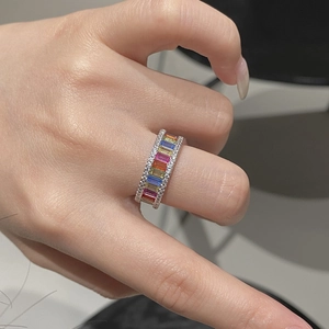 Macro detail of S925 silver rainbow ring with multi-color rectangular zircon stones