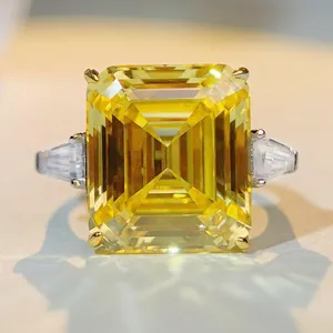 925 Sterling Silver Yellow Zirconia Ring For Women Large Emerald Cut Three Stone Design High Carbon Diamond Style Jewelry