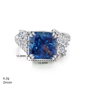 Macro detail of 6.2g S925 silver ring featuring a 10.8mm square blue zircon stone