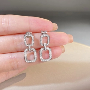 S925 sterling silver geometric interlocking rectangular earrings with pavé cubic zirconia
