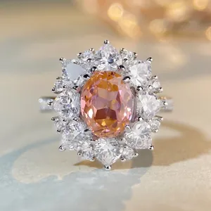 Luxury 925 Sterling Silver Oval Zirconia Flower Ring Padparadscha Pink Halo Heart Setting Wedding Party Women Jewelry