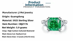 Macro detail of S925 sterling silver ring with 5ct radiant cut emerald green gemstone