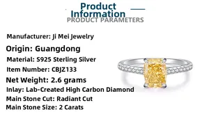 Detail of 2-carat yellow radiant cut diamond on S925 sterling silver ring band