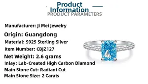 Detail view of S925 sterling silver ring with 2ct radiant cut blue carbon diamond