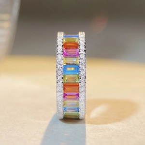 Elegant S925 sterling silver rainbow ring featuring colorful baguette-cut zircons