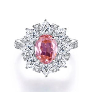 Exquisite S925 sterling silver ring with oval pink gemstone and heart-shaped halo diamonds