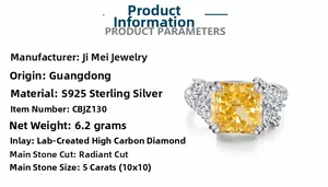Detailed specs of S925 sterling silver ring with 5ct radiant cut yellow lab diamond