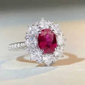 Luxurious 925 Sterling Silver Ruby Zirconia Ring For Women Sunflower Oval Gemstone Halo Ring Electroplated Jewelry