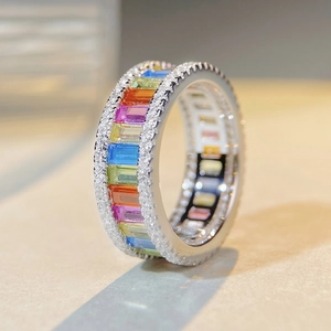 Rainbow eternity ring in S925 silver with multicolor gemstones and white pavé zircons