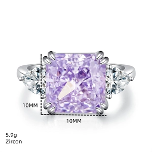Macro view of 5ct radiant cut lavender zircon ring in S925 sterling silver with heart accents