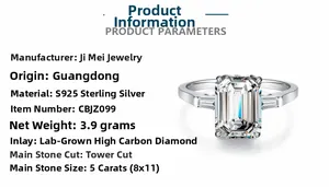 Detailed side view of S925 silver ring featuring emerald-cut 5ct gemstone and side diamonds