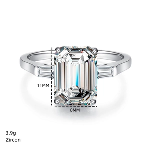 Macro shot of 11x8mm emerald-cut zircon ring in S925 silver with side stone details
