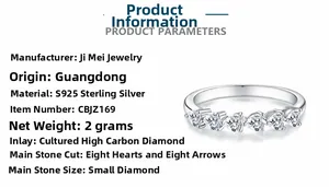 Macro detail of S925 sterling silver ring with heart-cut stones and technical specs